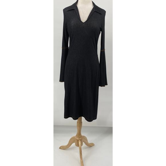 Vintage Y2k Bell Sleeve Stretch Cotton Denim Dress Collared V Neck Dark Wash M - Picture 3 of 10